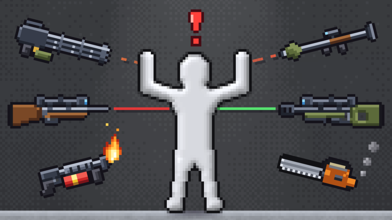 A white ragdoll dummy surrounded by six weapons aimed at it