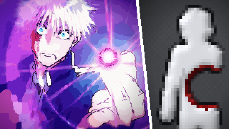 A pixel character beside a white ragdoll dummy with a red wound
