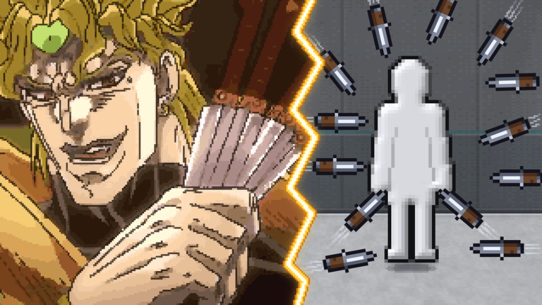 A pixel character with a ring of bullets flying around a white dummy