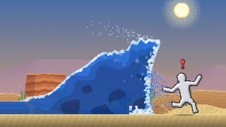 A wall of blue water sweeping a white dummy off a sandy desert floor